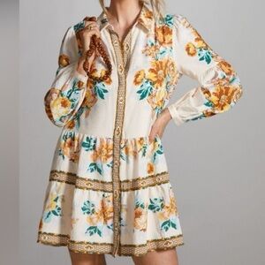 Anthropologie White and Yellow Floral Long Sleeve Dress